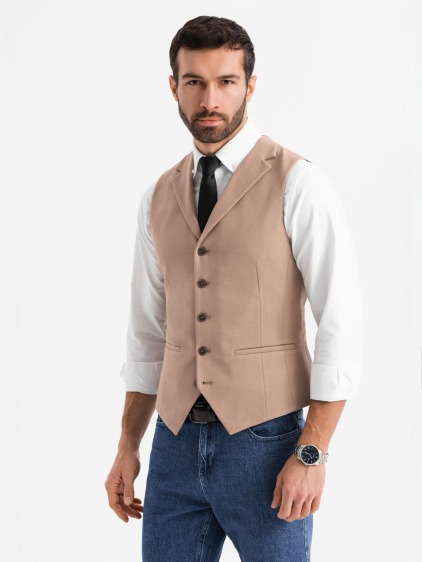 Pánská slim fit strukturovaná vesta s klopami, hnědá – fotografie produktu 4