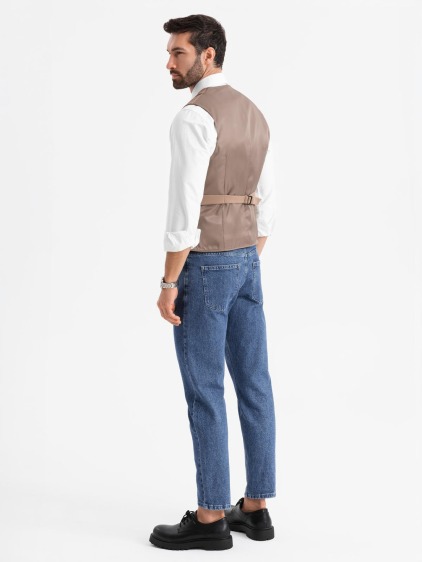 Pánská slim fit strukturovaná vesta s klopami, hnědá – fotografie produktu 5