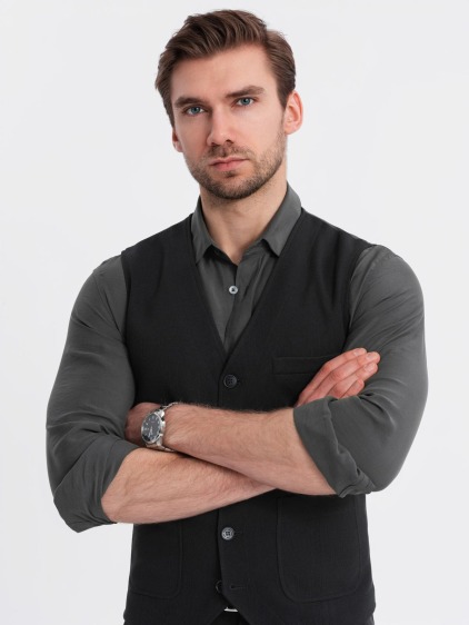 Pánská slim fit strukturovaná vesta s našitými kapsami, černá – fotografie produktu 2