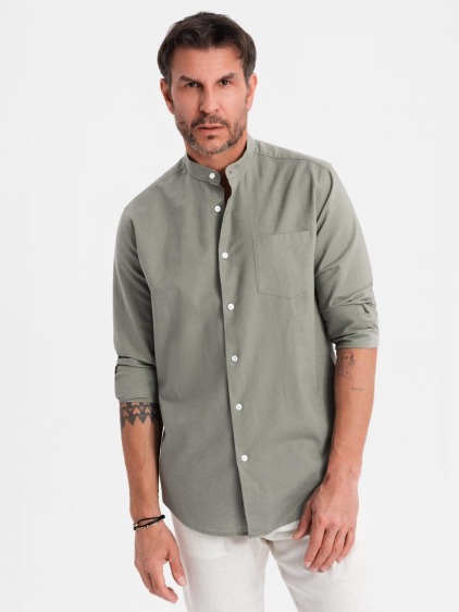 Pánská jarně-letní regular fit košile s dlouhým rukávem a stojáčkem, khaki