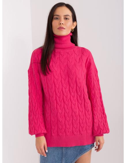 Fuchsiový pruhovaný asymetrický sveter so stojatým golierom