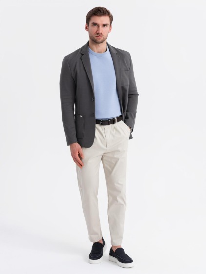 Pánské elegantní slim fit pletené sako s klopami, tmavě šedé