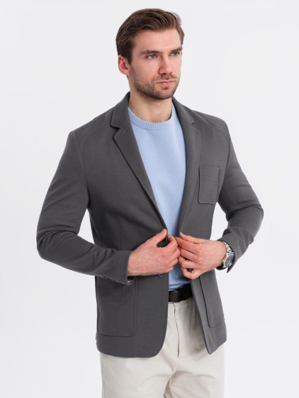 Pánské elegantní slim fit pletené sako s klopami, tmavě šedé – fotografie produktu 4