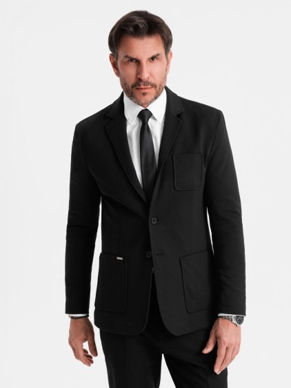 Pánské elegantní slim fit pletené sako s klopami, černé – fotografie produktu 4