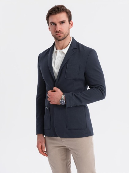 Pánské elegantní slim fit pletené sako s klopami, námořnická modrá