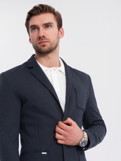 Pánské elegantní slim fit pletené sako s klopami, námořnická modrá – fotografie produktu 2
