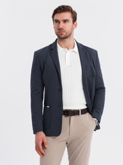 Pánské elegantní slim fit pletené sako s klopami, námořnická modrá – fotografie produktu 3