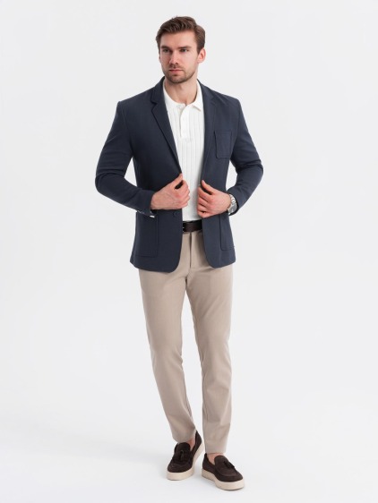 Pánské elegantní slim fit pletené sako s klopami, námořnická modrá – fotografie produktu 4