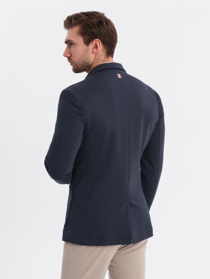Pánské elegantní slim fit pletené sako s klopami, námořnická modrá – fotografie produktu 6