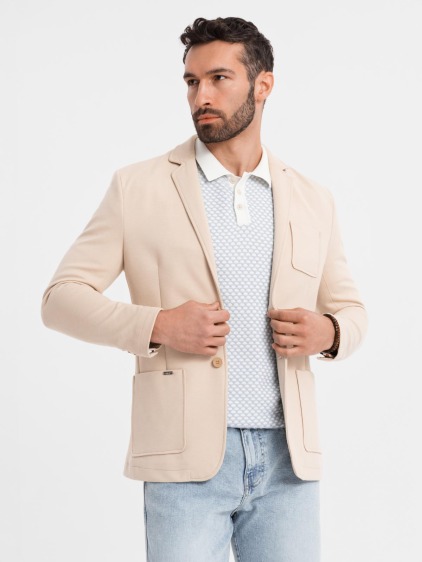 Pánské elegantní slim fit pletené sako s klopami, béžové – fotografie produktu 2