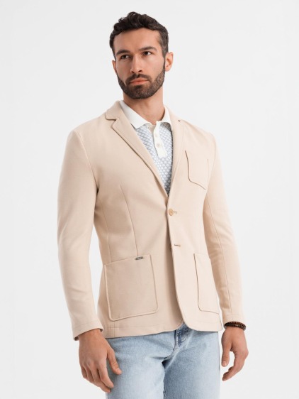 Pánské elegantní slim fit pletené sako s klopami, béžové – fotografie produktu 3
