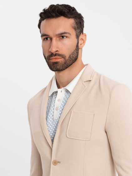 Pánské elegantní slim fit pletené sako s klopami, béžové – fotografie produktu 4