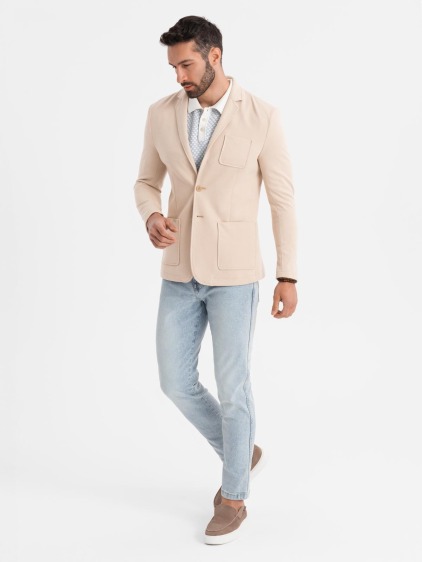 Pánské elegantní slim fit pletené sako s klopami, béžové – fotografie produktu 5
