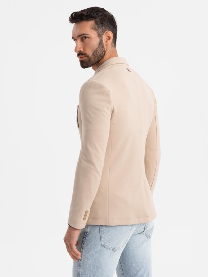 Pánské elegantní slim fit pletené sako s klopami, béžové – fotografie produktu 8