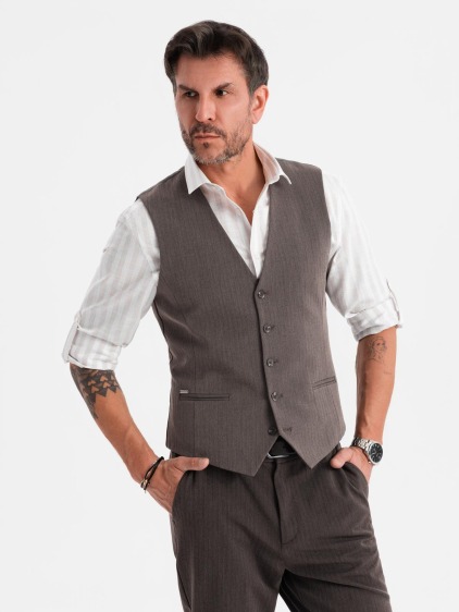 Férfi elegáns slim fit mellény halszálkamintával, sötétszürke – fotografie produktu 4