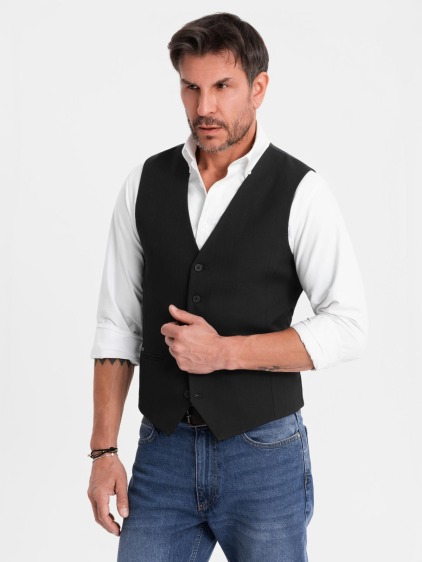 Férfi elegáns slim fit mellény halszálkamintával, fekete