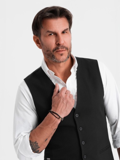 Férfi elegáns slim fit mellény halszálkamintával, fekete – fotografie produktu 2
