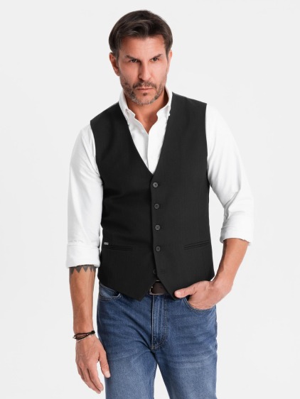 Férfi elegáns slim fit mellény halszálkamintával, fekete – fotografie produktu 4
