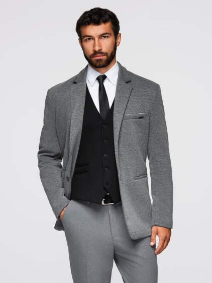 Pánské elegantní slim fit pletené sako s klopami, tmavě šedé