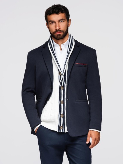 Pánské elegantní slim fit pletené sako s klopami, námořnická modrá – fotografie produktu 4