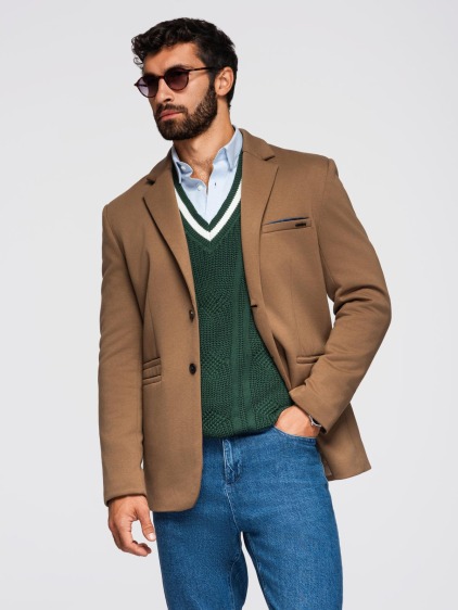 Pánské elegantní slim fit pletené sako s klopami, hnědé