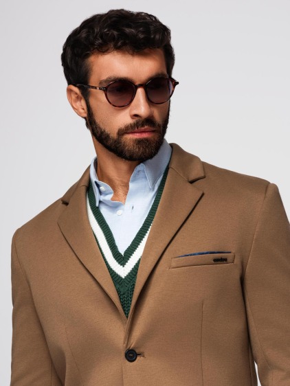 Pánské elegantní slim fit pletené sako s klopami, hnědé – fotografie produktu 2