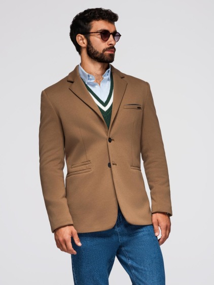 Pánské elegantní slim fit pletené sako s klopami, hnědé – fotografie produktu 3