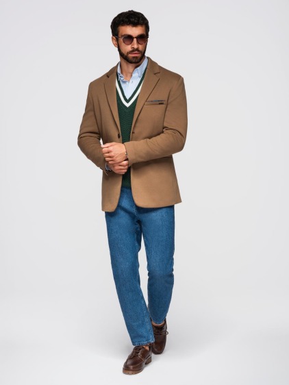 Pánské elegantní slim fit pletené sako s klopami, hnědé – fotografie produktu 5