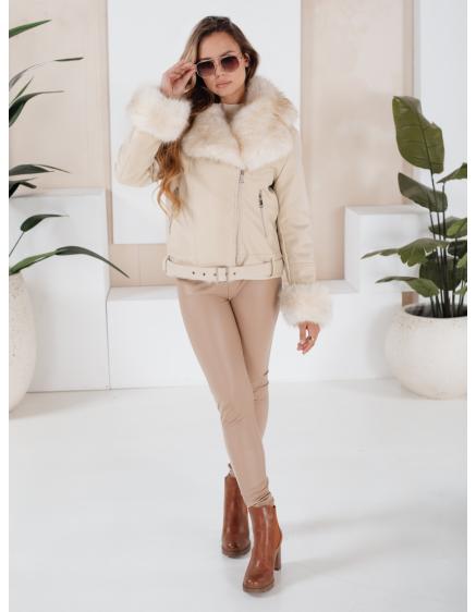 Dámská zimní bunda ramoneska s kožešinou béžová