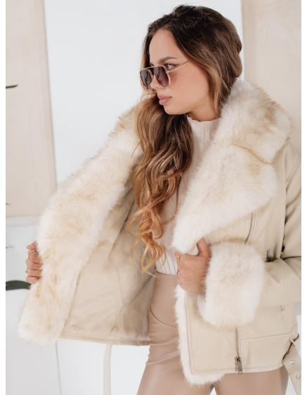 Dámská zimní bunda ramoneska s kožešinou béžová