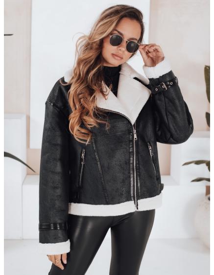 Női téli kabát szőrme gallérral, fekete