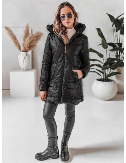 Dámska prešívaná zimná bunda s kapucňou, čierna
