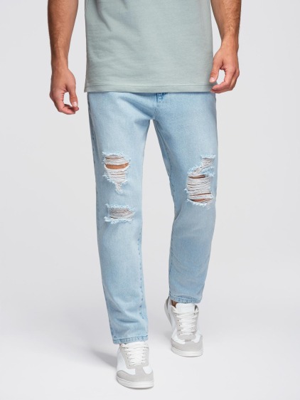 Pánské carrot fit džínové jogger kalhoty s potrhanými detaily, světle modré