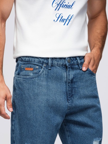 Pánské carrot fit džínové jogger kalhoty s potrhanými detaily, modré – fotografie produktu 4