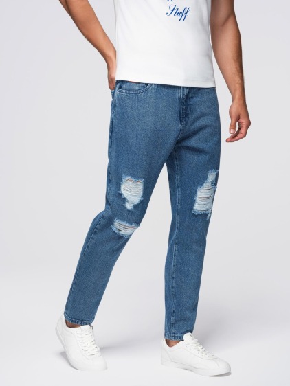 Pánské carrot fit džínové jogger kalhoty s potrhanými detaily, modré – fotografie produktu 5