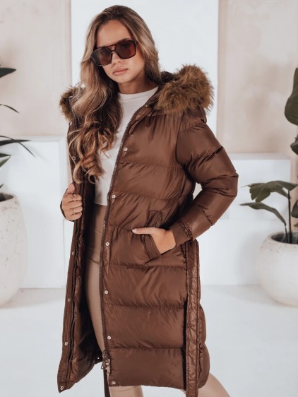Női steppelt téli kabát szőrme gallérral, STYLEBELLA, barna