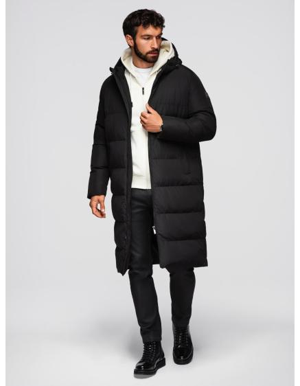 Klasická pánska dlhá bunda s kapucňou – čierna V1 OM-JALJ-0269