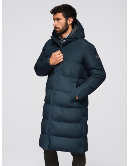 Klasická pánska dlhá bunda s kapucňou – tmavomodrá V2 OM-JALJ-0269