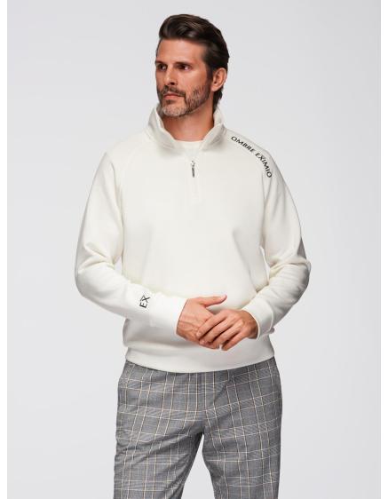 Pánská mikina s vysokým límcem bez knoflíků a kontrastním potiskem – ecru V2 OM-SSZP-0211