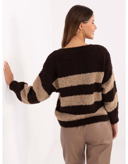 Csokoládé-kamel színű oversized pulóver csíkokkal.