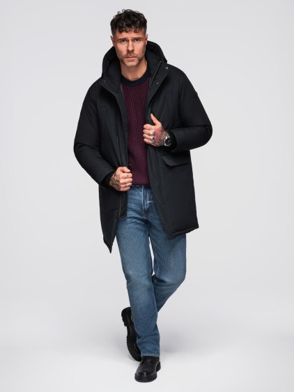 Klasická dlhá pánska bunda – čierna V6 OM-JAPJ-0313