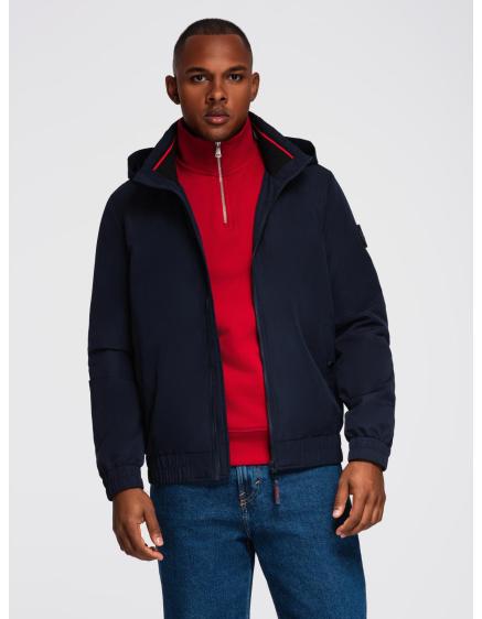 Pánska bunda s kapucňou a vysokým golierom – tmavomodrá V2 OM-JANP-0222