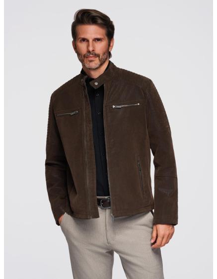 Štýlová pánska bunda z ekokože s golierom – tmavohnedá V1 C637