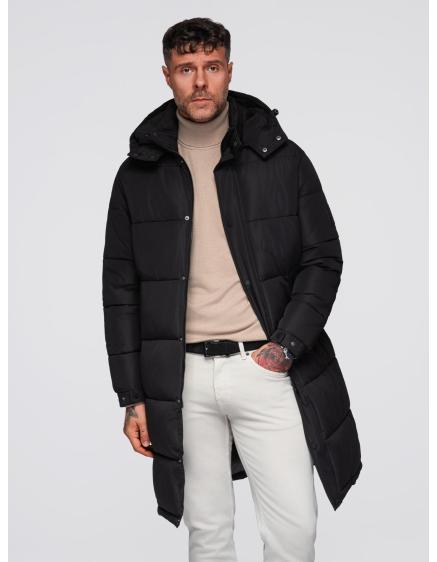 Pánska dlhá prešívaná zimná bunda s kapucňou – čierna V1 OM-JALJ-0309