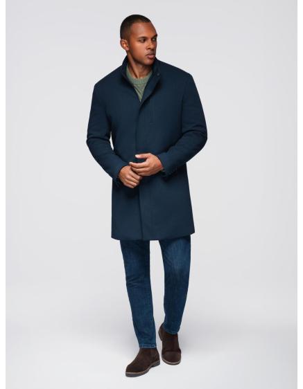 Pánsky kabát s vysokým golierom a štruktúrovaným strihom – tmavomodrý V2 OM-COWC-0136