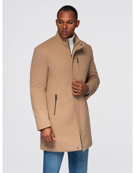Štruktúrovaný pánsky kabát s vysokým golierom – svetlo hnedý V4 OM-COWC-0136