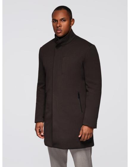 Štruktúrovaný pánsky kabát s vysokým golierom – tmavo hnedý V5 OM-COWC-0136