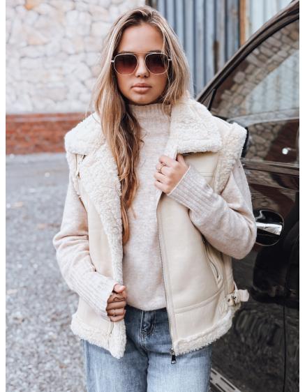 Dámska koženková vesta s kožušinou, béžová