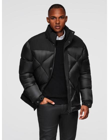 Pánska bunda s kapucňou a geometrickým prešívaním – čierna V1 OM-JAHP-0237