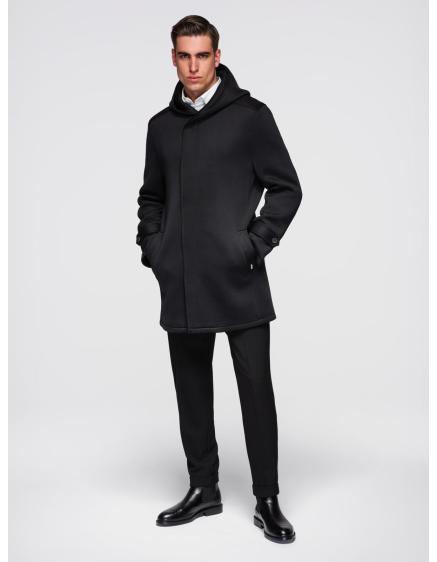 Férfi minimalista, közepes hosszúságú kabát kapucnival – fekete V4 OM-COLC-0144